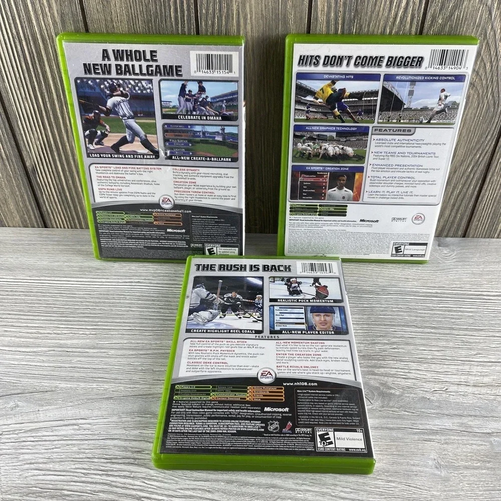 Lot of 3 Original Xbox Games Sports NHL 06, Rugby 2005 & MVP NCAA Baseball 06